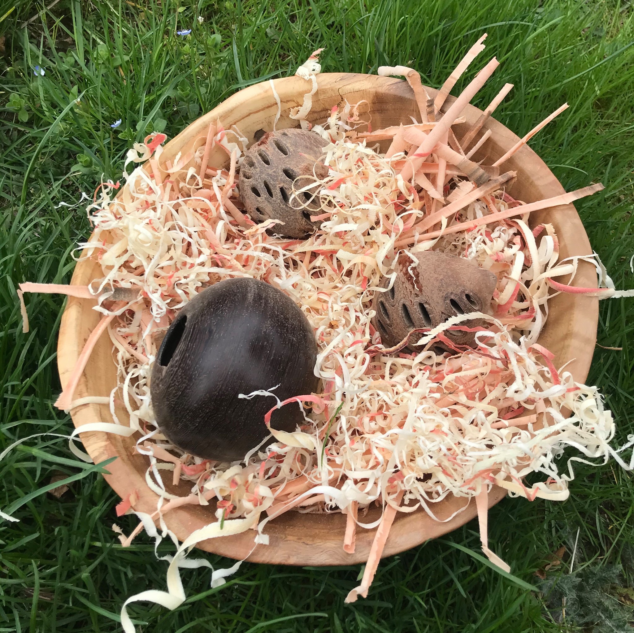 Turned wooden form, basket-shaped.