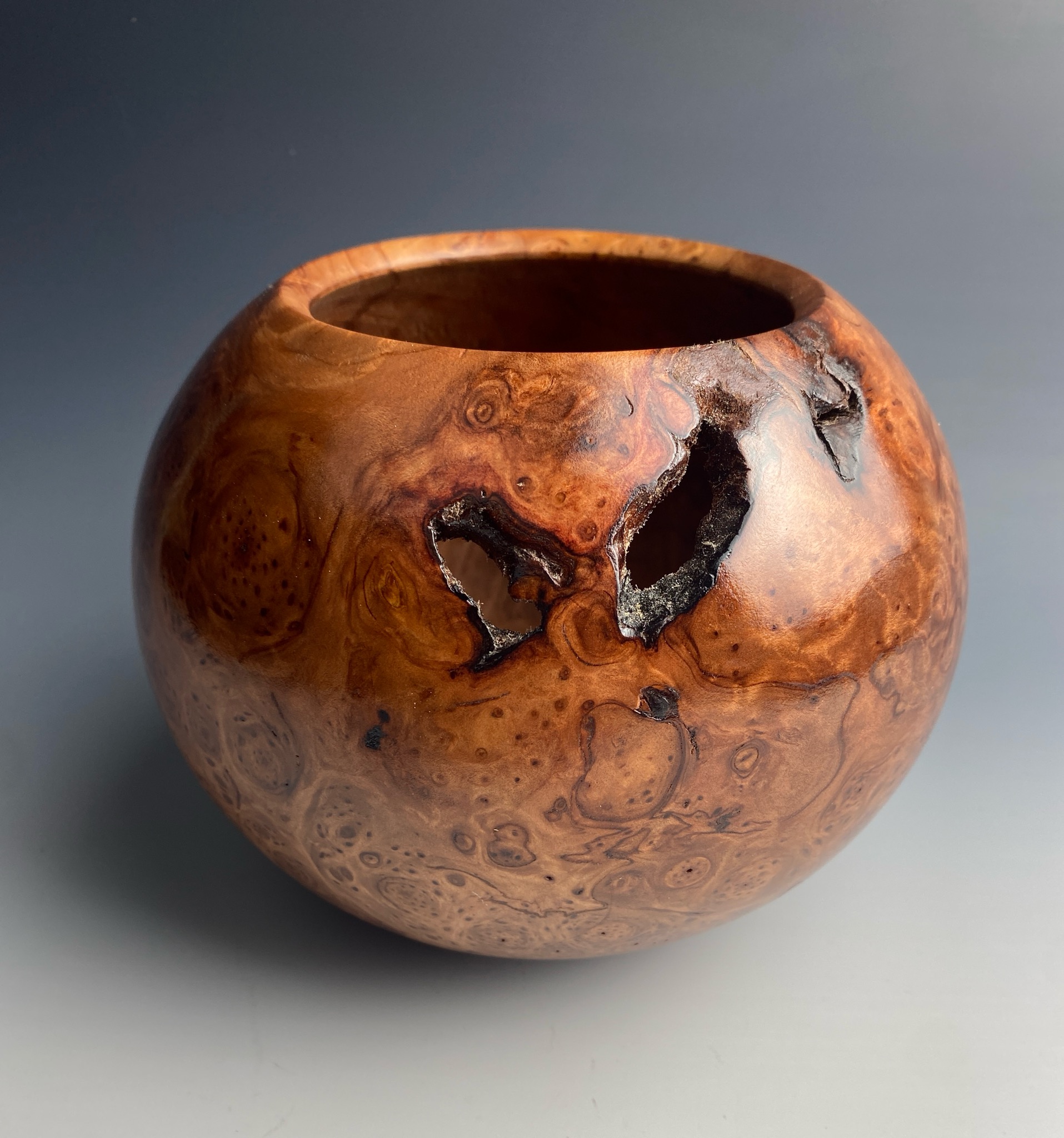 Rounded burl hollow form with natural void openings, rich auburn-brown figured grain.
