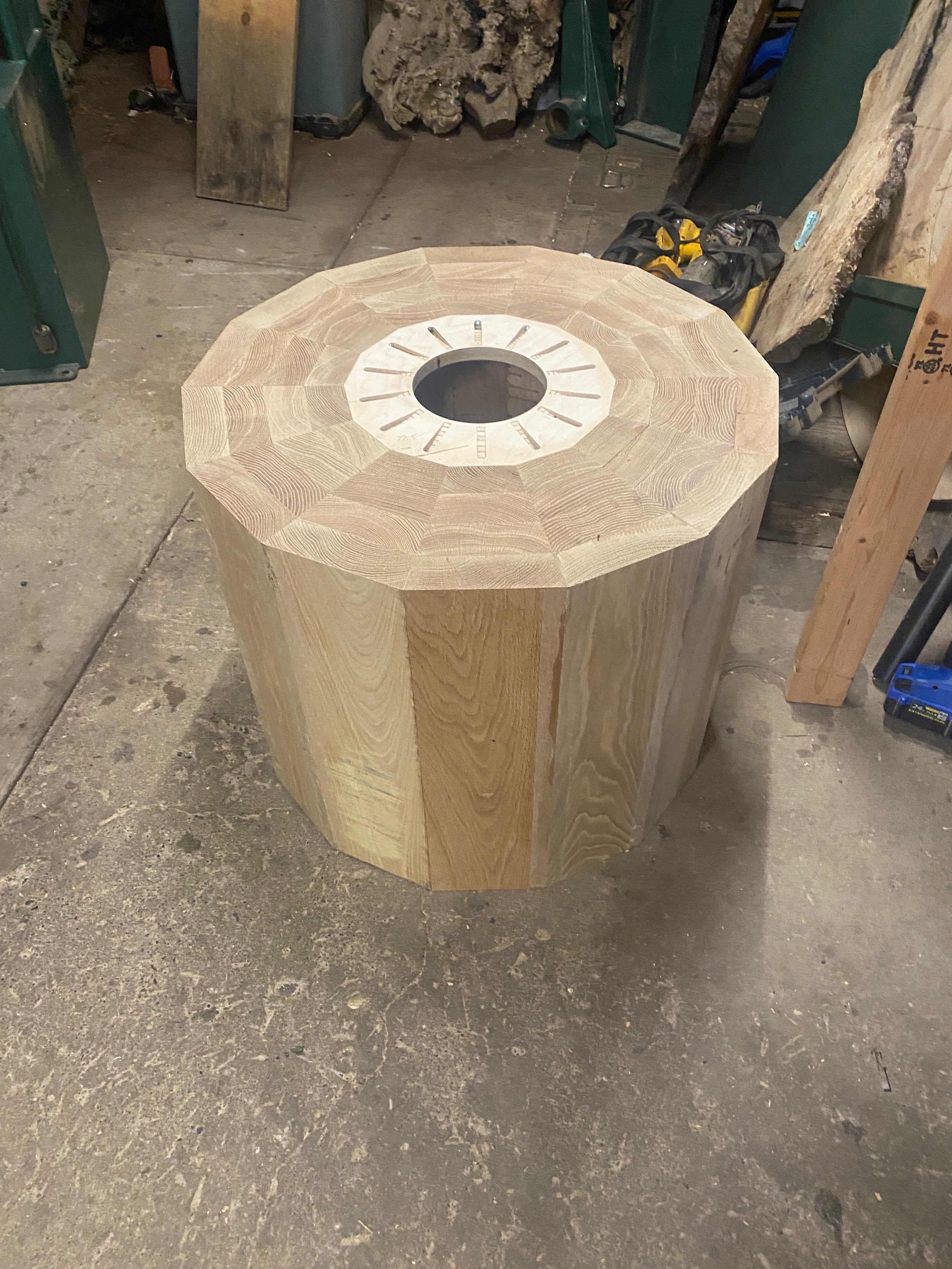 Stave-built blank assembled and sitting on the studio floor, viewed from above.